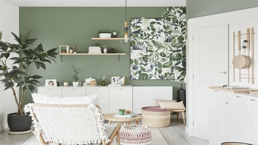 Salon moderne avec mur vert et déco végétale.