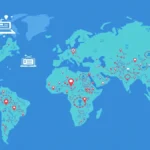 Carte du monde avec icônes technologiques et connexions