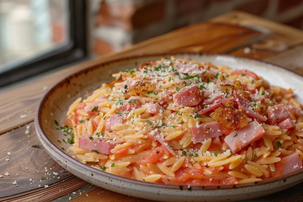 Orzo crémeux à la tomate, parmesan et jambon croustillant : une recette gourmande et facile par Clemfoodie