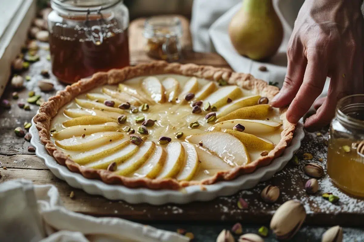 La tarte aux poires et pistaches : une expérience culinaire rapide et raffinée prête en moins de 15 minutes