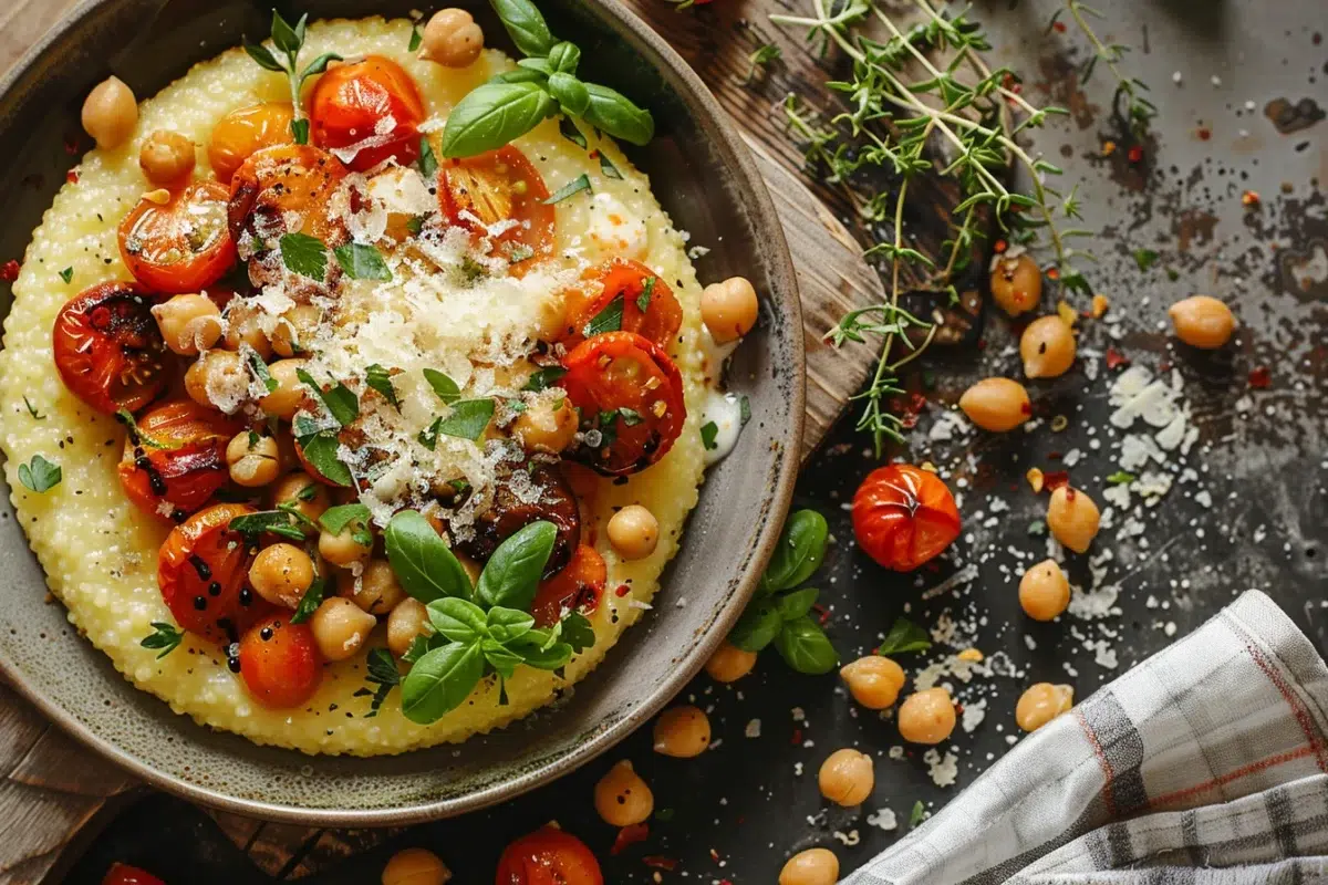 Polenta au pecorino : recette facile avec tomates et pois chiches rôtis par Clemfoodie, astuces et conseils
