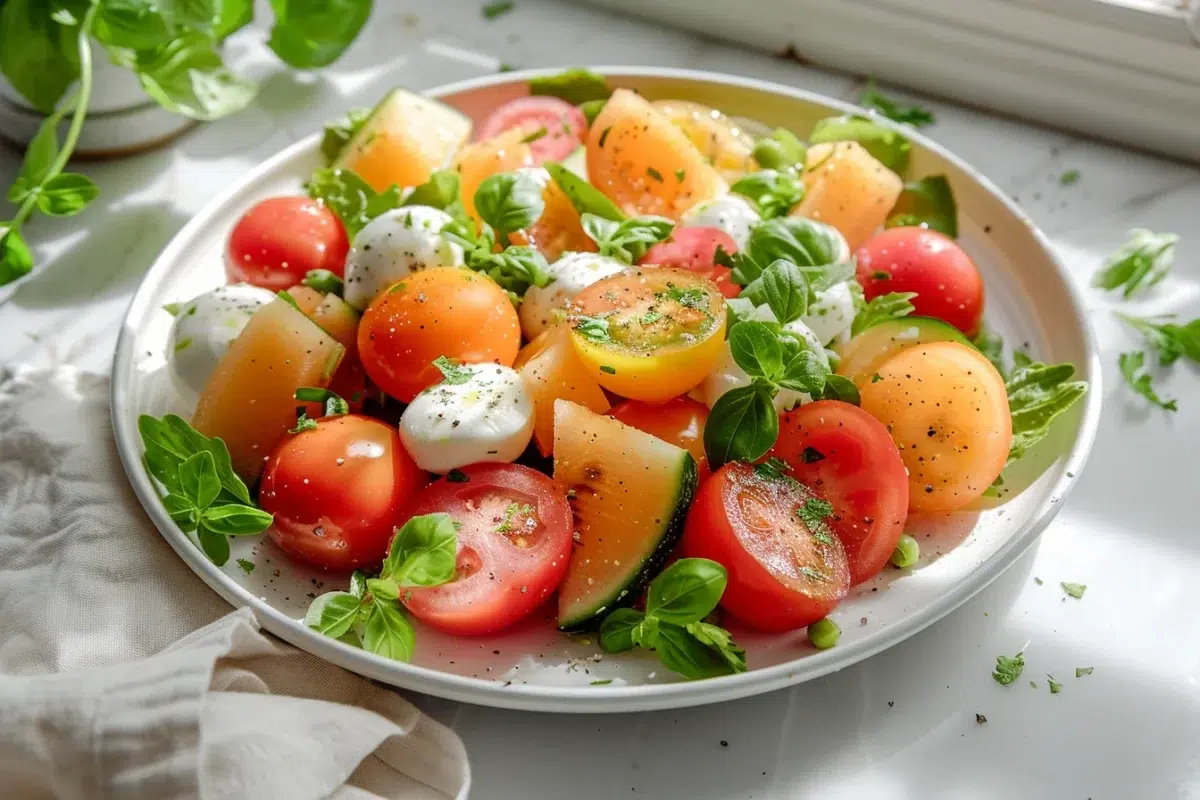 Salade fraîcheur : tomates, melon et mozzarella pour une touche estivale et rafraîchissante en 15 minutes