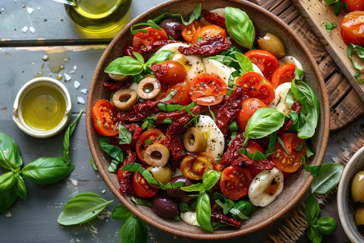 Salade méditerranéenne aux tomates confites, olives et mozzarella : une recette simple et délicieuse par Clemfoodie