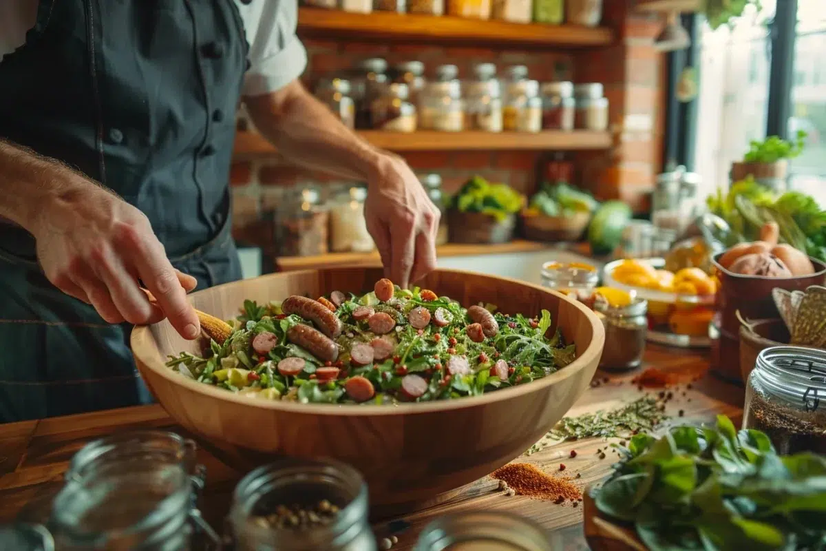 La salade lyonnaise au saucisson du chef : une recette riche et savoureuse, prête en seulement 15 minutes