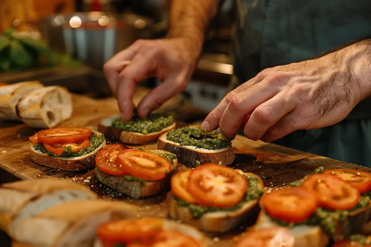 Découvrez comment préparer une bruschetta au pesto de basilic et tomate : une recette simple et rapide par Nicolas Roux