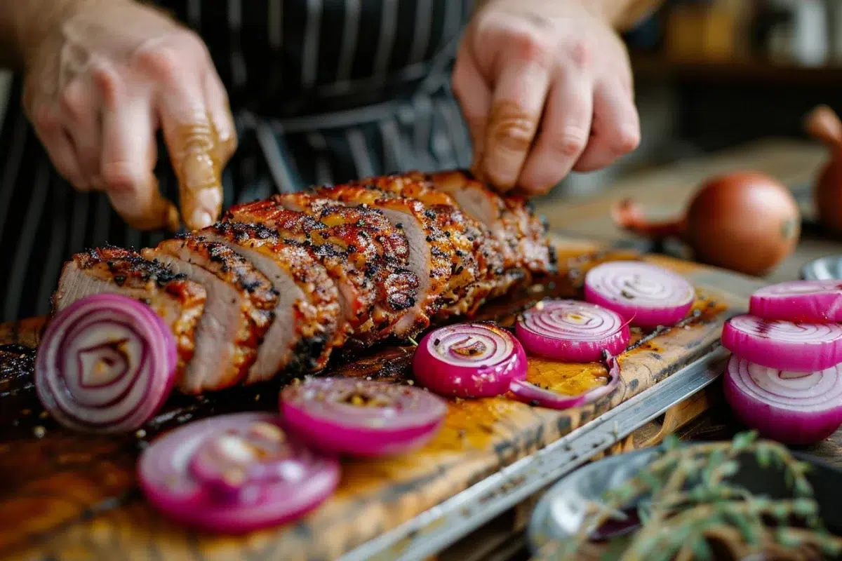 Les secrets du rôti de porc aux oignons rouges : un mariage de saveurs méditerranéennes à découvrir