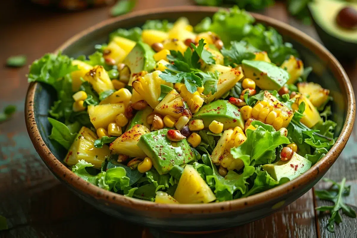 La salade reggae : une harmonie de saveurs entre avocat, ananas et maïs, prête en seulement 15 minutes