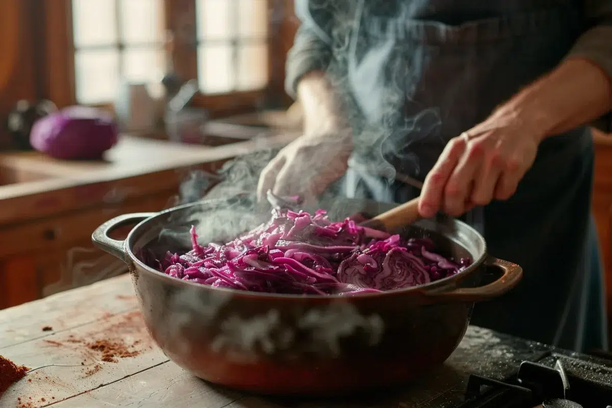 Une cocotte de chou rouge et carré de porc fumé : une recette familiale réconfortante pour les soirées froides