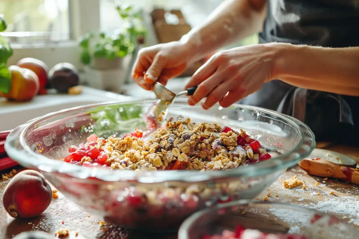 La recette du crumble aux fruits rouges et rhubarbe : un dessert savoureux prêt en moins de 15 minutes