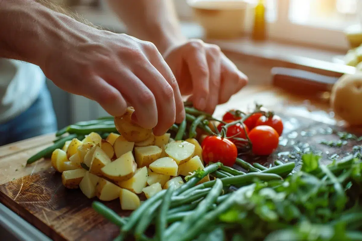 Redécouvrez une salade fraîche et équilibrée : haricots verts, pomme de terre et tomate pour un délice sain
