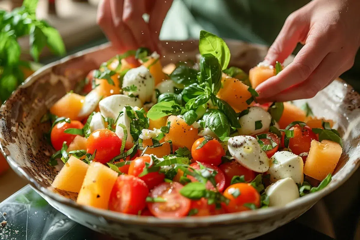 La salade fraîcheur ultime : un mélange de tomates, melon et mozzarella pour ravir vos papilles cet été