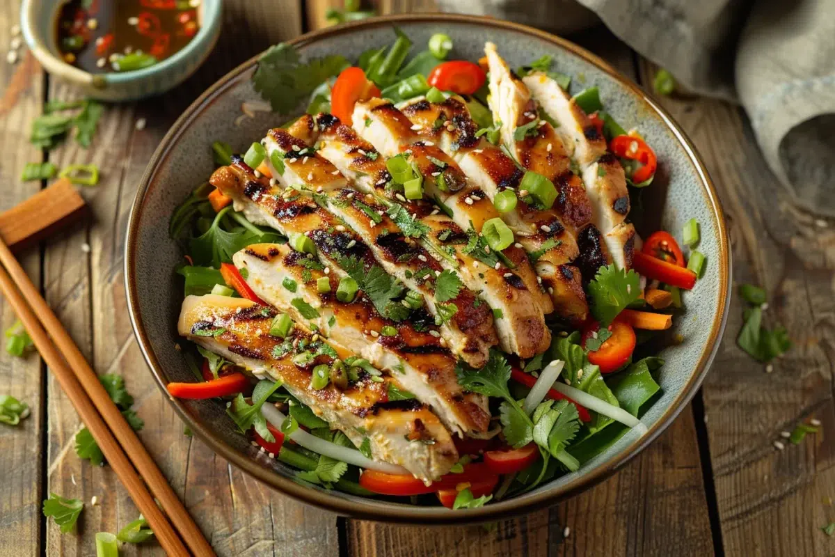 Les secrets d'un repas léger et savoureux : salade asiatique au poulet mariné et légumes croquants