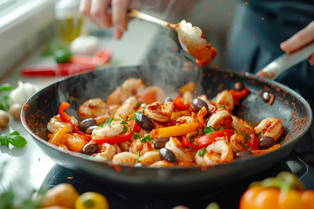 Les calamars épicés aux poivrons et olives : une recette rapide et savoureuse à préparer en seulement 10 minutes