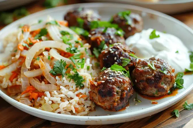 Les boulettes de bœuf orientales : riz aux oignons et sauce au yaourt prêts en moins de 15 minutes