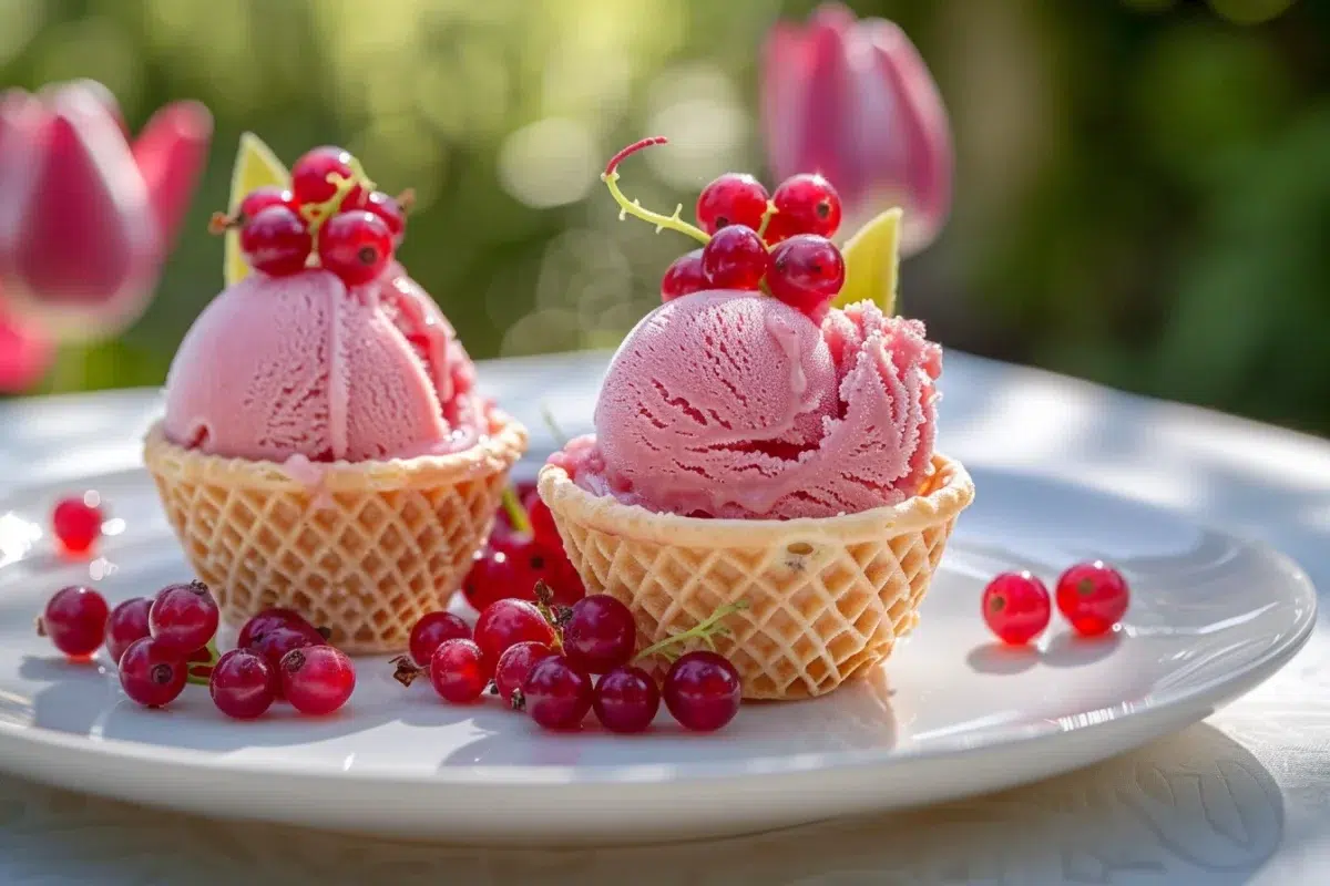 Tulipes croquantes garnies de sorbet framboise et groseilles : un dessert estival pour vos réceptions