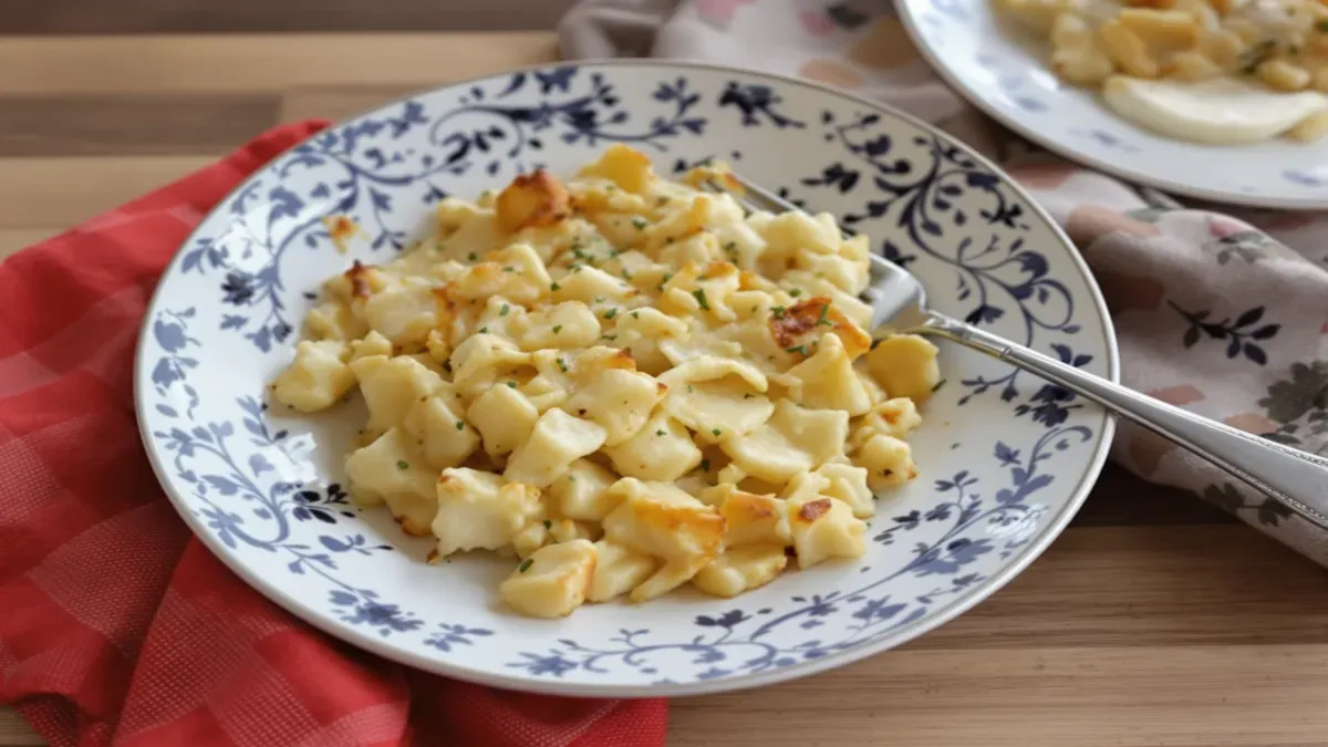 Plat de pâtes au fromage gratiné.