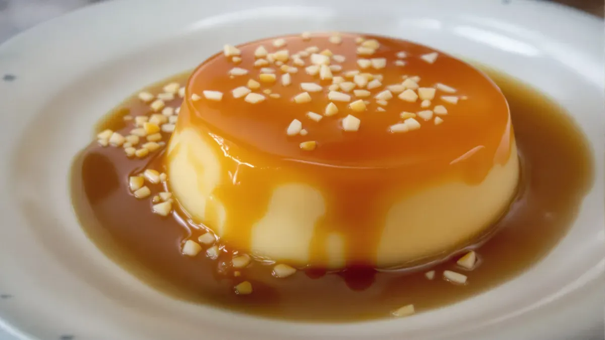 Flan au caramel et éclats d'amandes.