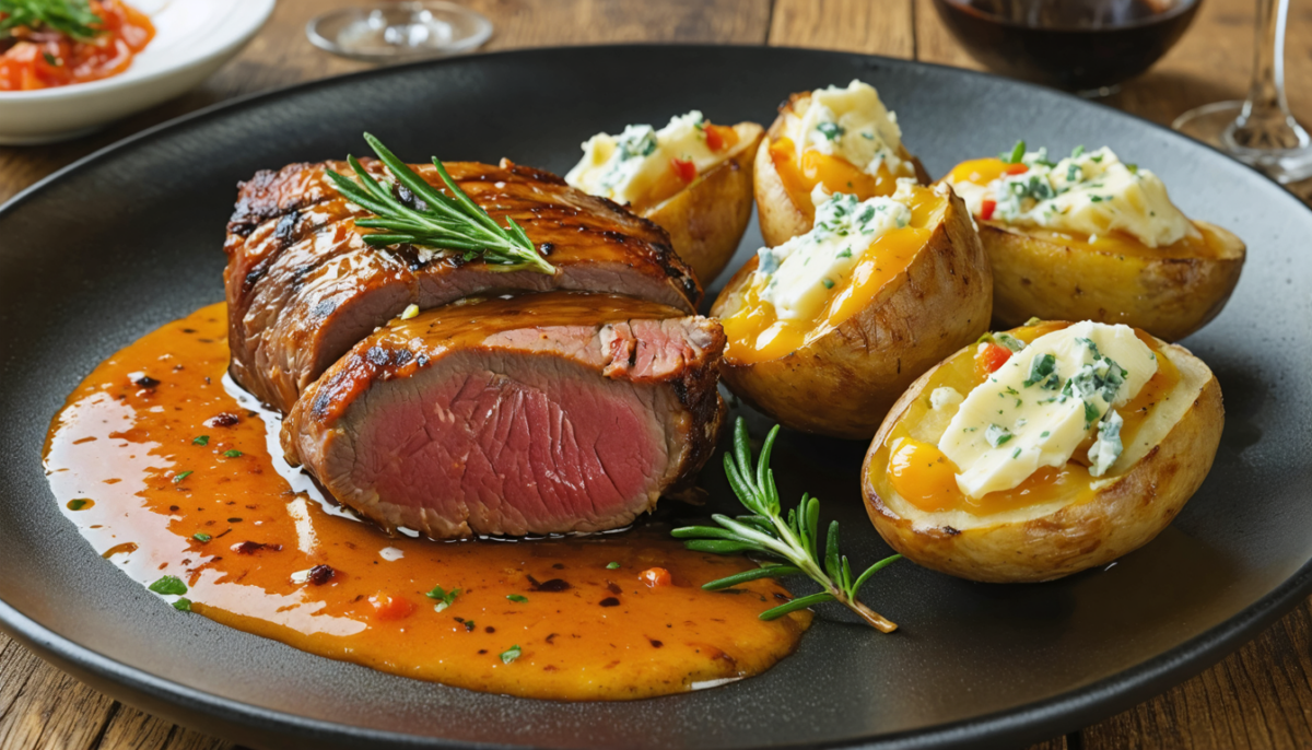 découvrez notre recette gourmande de magret de canard glacé à l'orange, servi avec des pommes de terre farcies au fromage bleu pour un repas savoureux et raffiné.