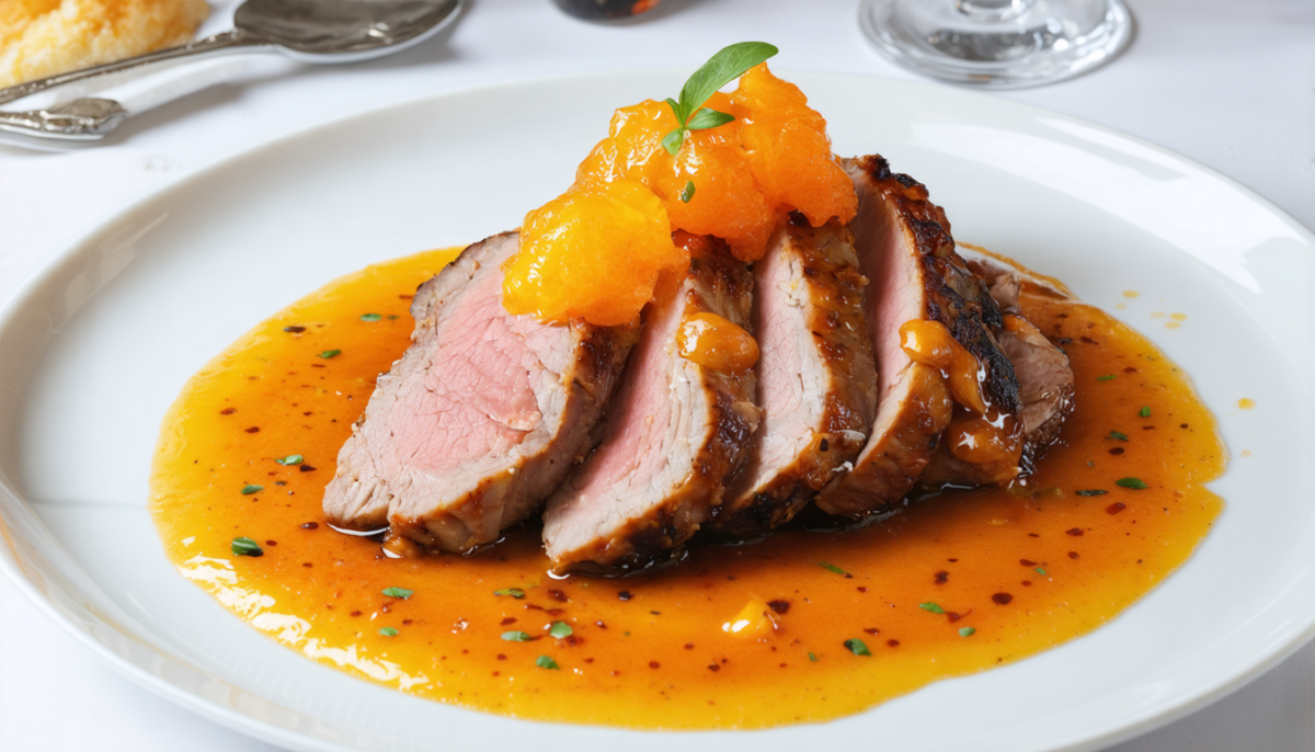 découvrez notre recette raffinée de magret de canard glacé à l'orange, accompagné de pommes de terre farcies au bleu, pour un repas savoureux et élégant qui éveille les papilles.