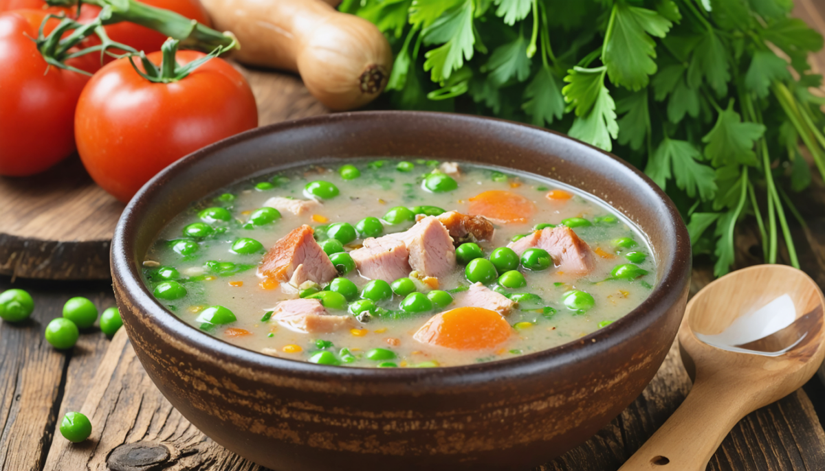 savourez notre soupe paysanne réconfortante aux petits pois et au porc fumé, un délice rustique qui réchauffe le cœur et ravit les papilles.