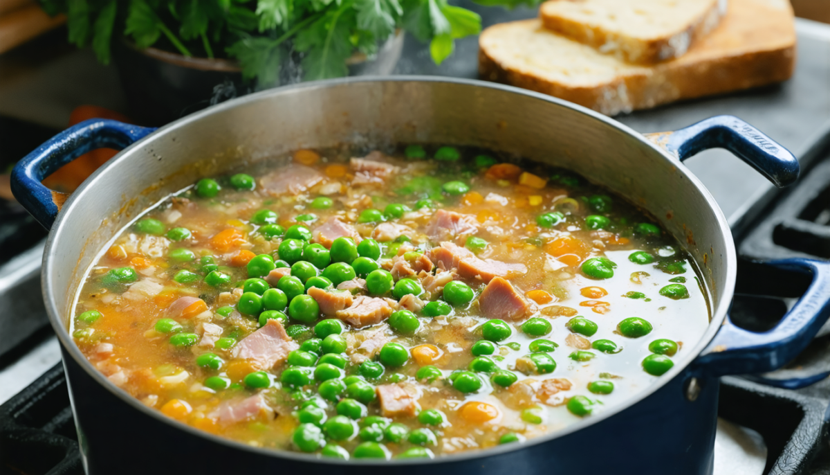 savourez notre soupe paysanne réconfortante aux petits pois et au porc fumé, un délice rustique qui réchauffe les cœurs et les papilles.