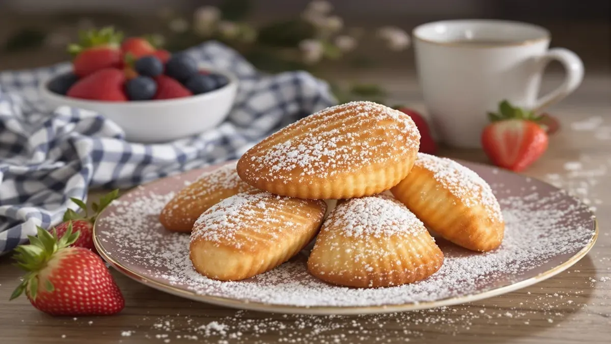 Assiette de madeleines saupoudrées de sucre glace avec fraises.