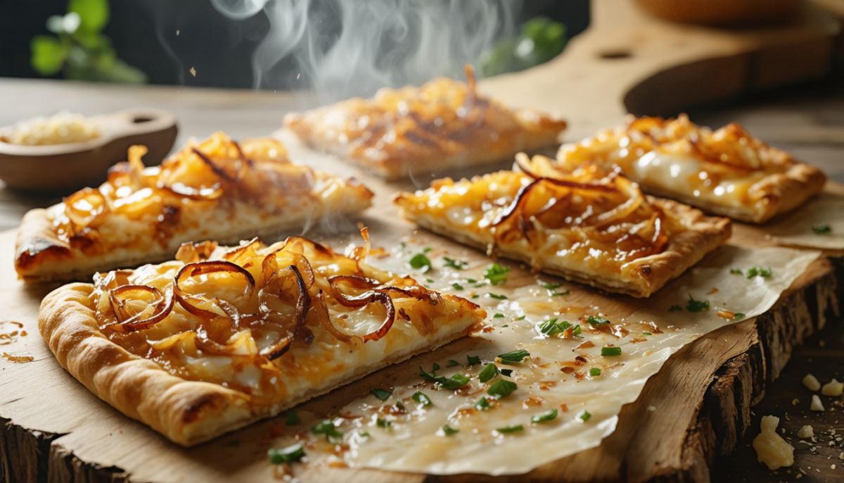 découvrez notre recette gourmande de tartes flambées aux oignons caramélisés et fromage fondant, parfaite pour un repas savoureux et convivial.