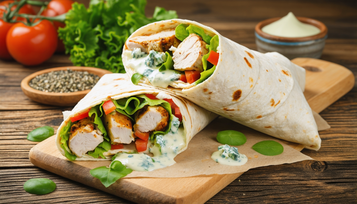 découvrez notre wrap de poulet à la sauce au bleu, une explosion de saveurs crémeuses et gourmandes pour un repas rapide et délicieux.