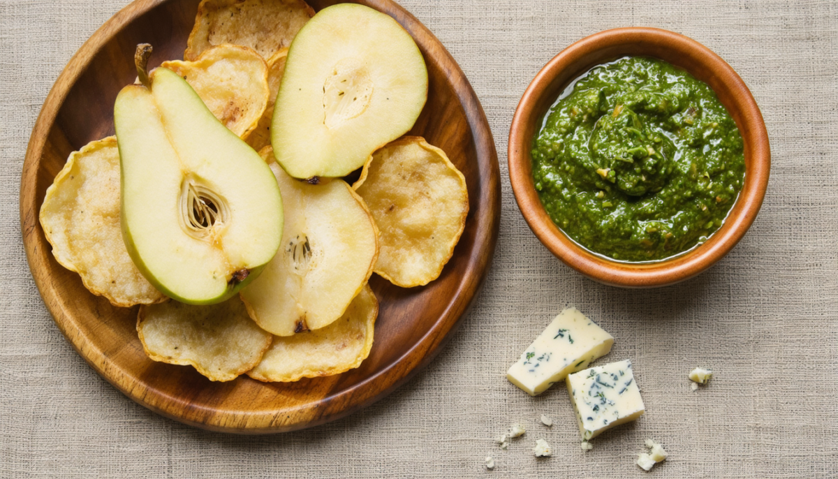 découvrez une recette gourmande de chips de poires croustillantes, servies avec un pesto de roquette frais et une touche savoureuse de fromage bleu pour un mélange unique de saveurs.