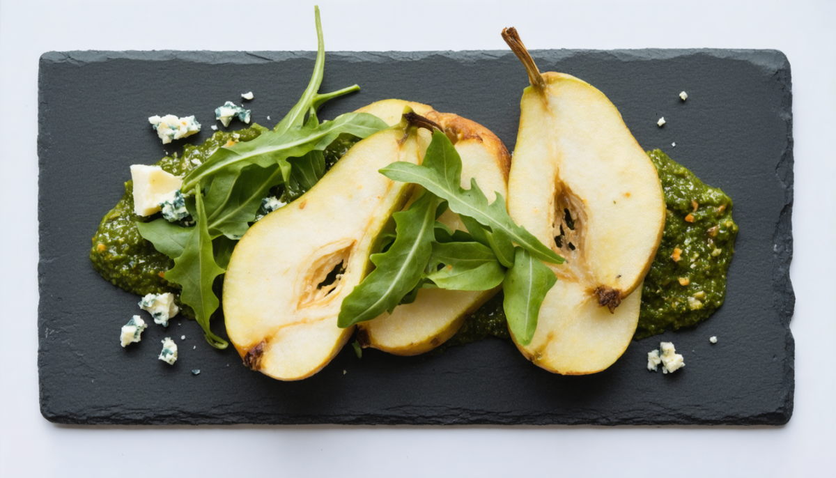 découvrez une recette gourmande de chips de poires croquantes accompagnées d'un pesto frais de roquette et d'une touche savoureuse de fromage bleu, parfaite pour un apéritif original et délicieux.