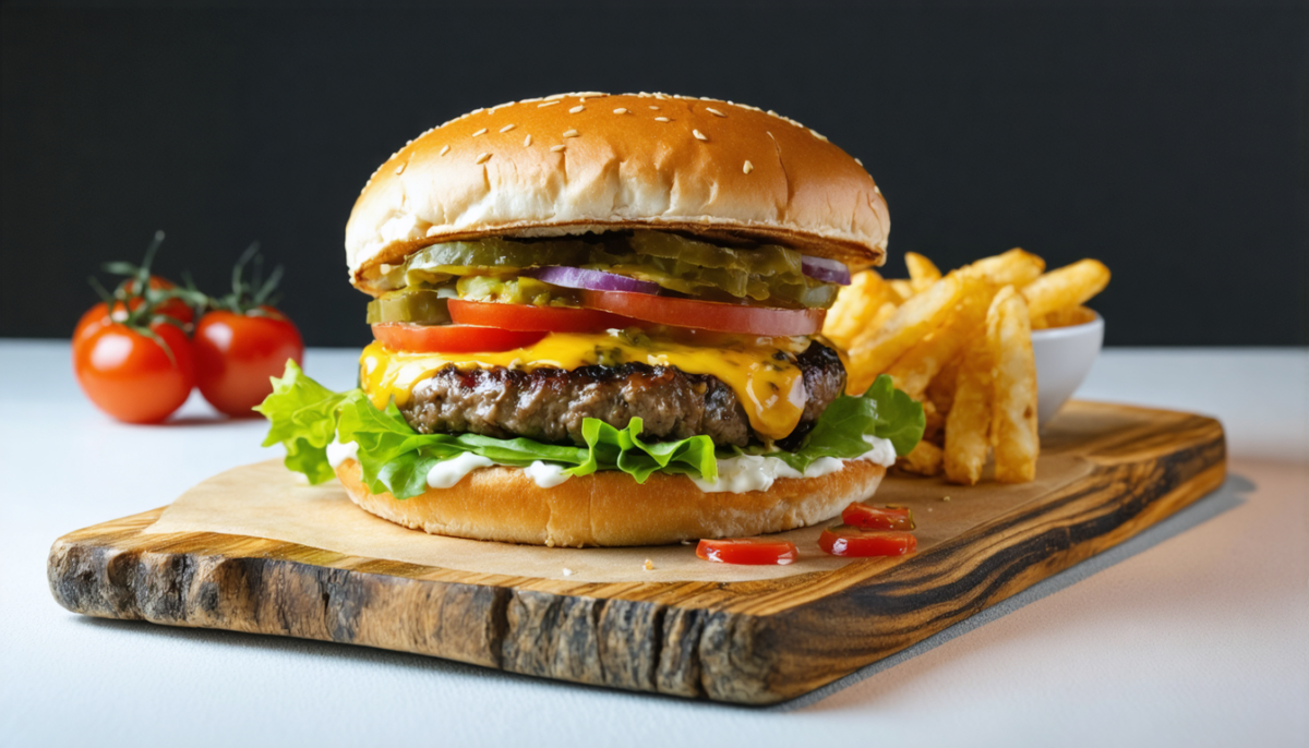 savourez notre délicieux burger au bœuf juteux et fromage de brebis fondant, une explosion de saveurs gourmandes qui ravira vos papilles à chaque bouchée.