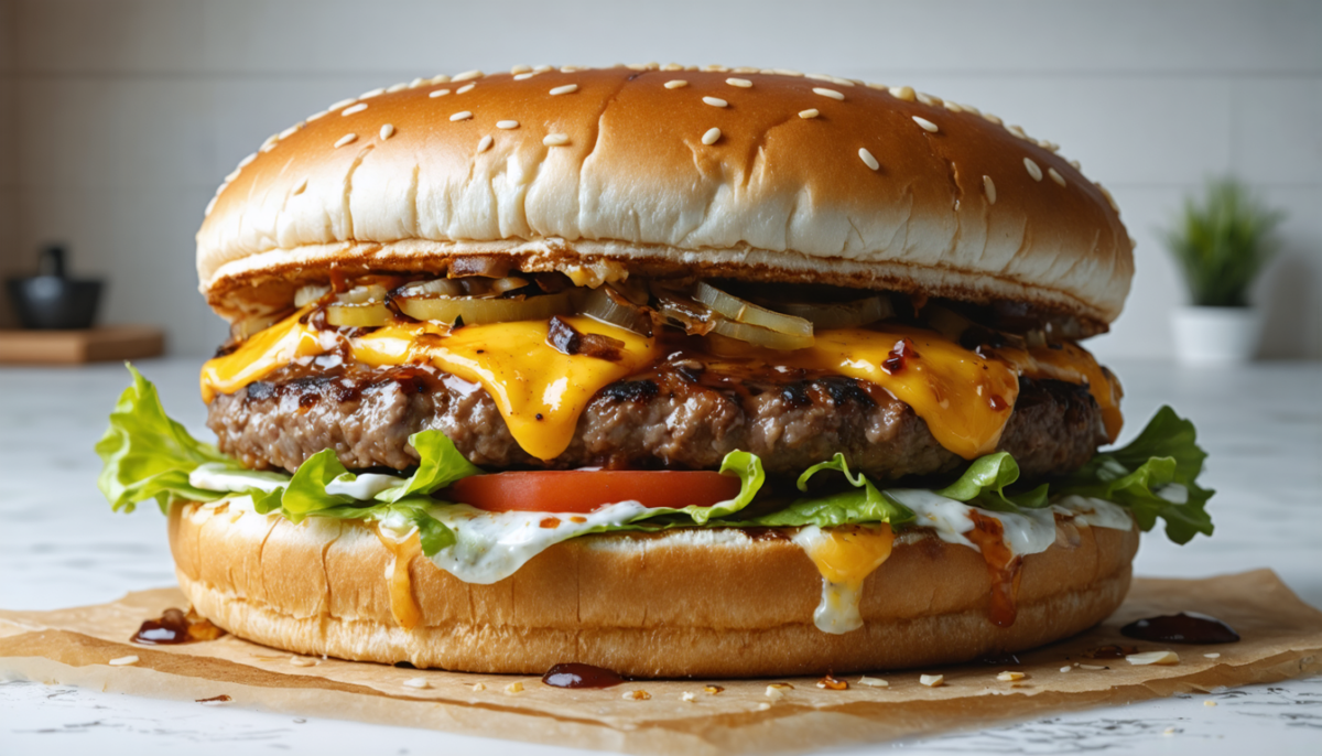 savourez un burger au bœuf juteux et fromage de brebis fondant, une combinaison gourmande qui ravira vos papilles avec chaque bouchée.