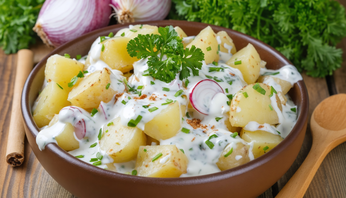 savourez notre salade de pommes de terre aux épices douces et à la fraîcheur onctueuse du yaourt, un délice léger parfait pour vos repas équilibrés.