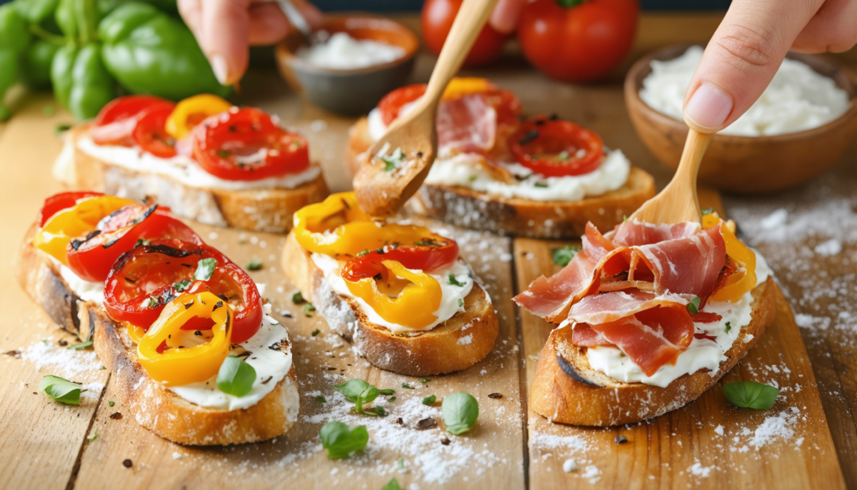 savourez l'italie avec notre bruschetta gourmande aux poivrons grillés, pancetta croustillante et fromage frais onctueux, parfaite pour un apéritif raffiné.