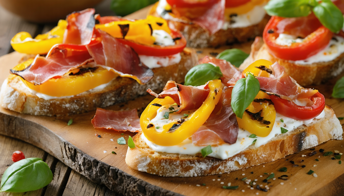 savourez l'alliance parfaite de la bruschetta aux poivrons grillés, pancetta croustillante et fromage frais onctueux, une délicieuse escapade gourmande aux saveurs italiennes authentiques.