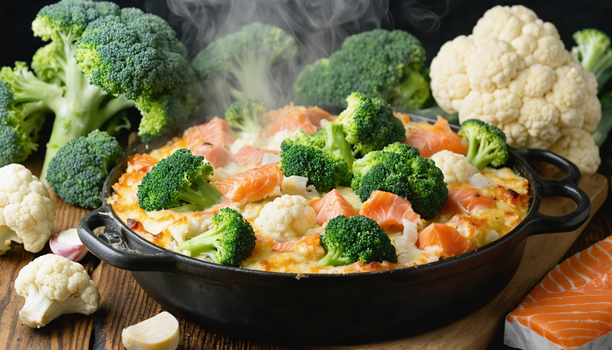 découvrez une recette diététique savoureuse : gratin léger au brocoli, chou-fleur et saumon, parfait pour un repas sain et gourmand.