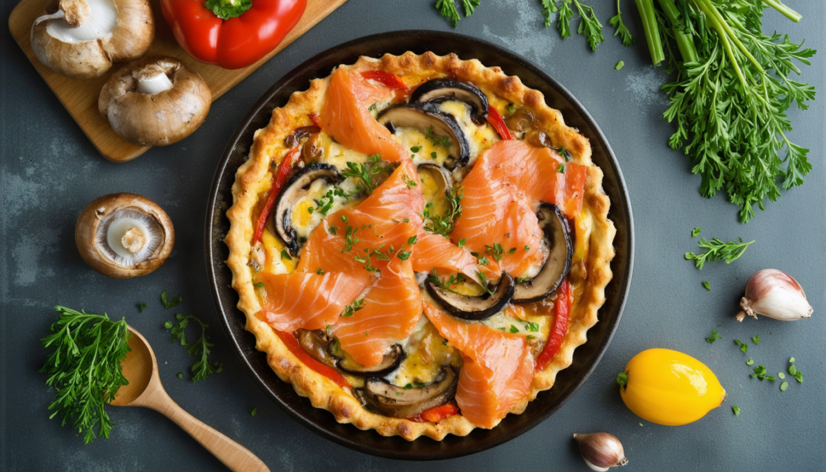 découvrez notre recette de clafoutis aérien au saumon, accompagné de poivrons croquants et de champignons savoureux pour un plat léger et gourmand.