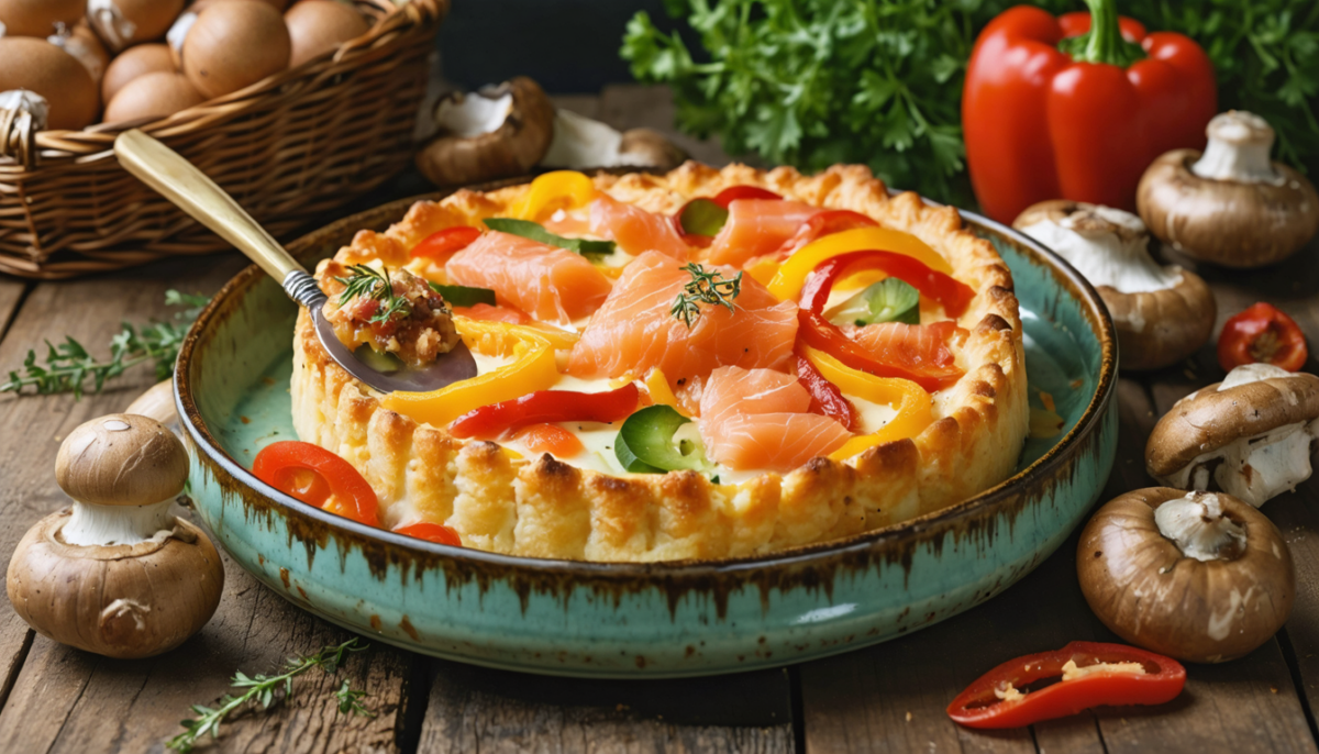 découvrez notre recette de clafoutis aérien au saumon, accompagné de poivrons croquants et de champignons savoureux, pour un plat léger et délicieux.