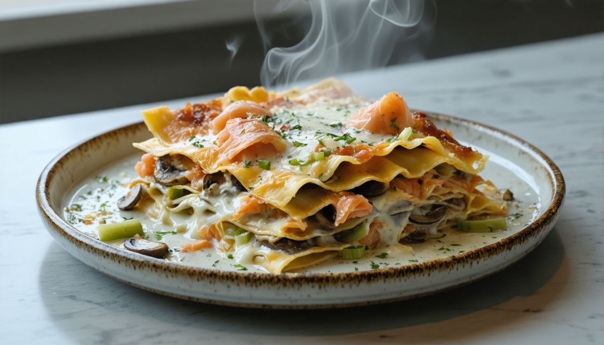 découvrez notre recette de lasagnes légères au saumon, poireaux et champignons, nappées d'une béchamel onctueuse allégée pour un plaisir gourmand et sain.