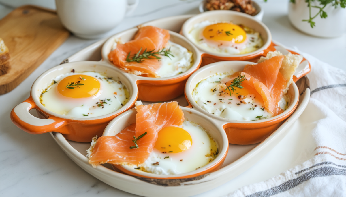 découvrez notre recette gourmande et saine d'œufs cocotte au saumon fumé et crème légère, parfaite pour un repas savoureux et léger.