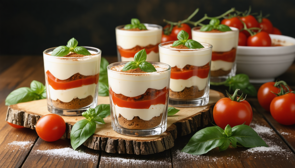 découvrez notre recette originale de tiramisu revisité en verrines gourmandes à la tomate et au fromage frais, pour un dessert frais et savoureux qui surprendra vos papilles.