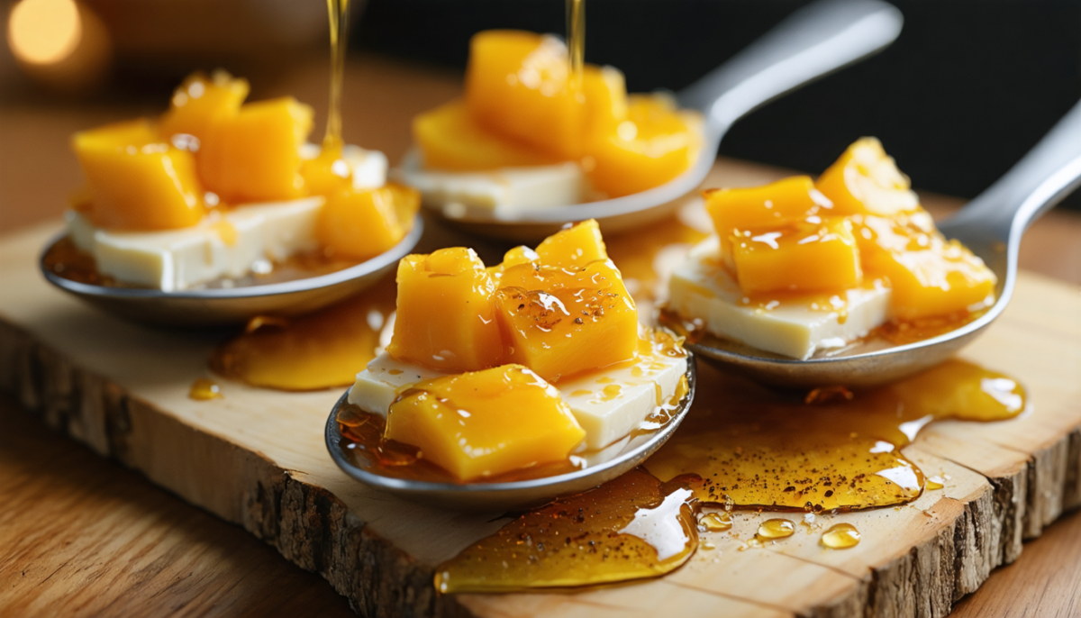 découvrez notre recette gourmande de cuillères de mangue rôtie au miel et fromage frais, une délicieuse alliance sucré-salé qui ravira vos papilles.