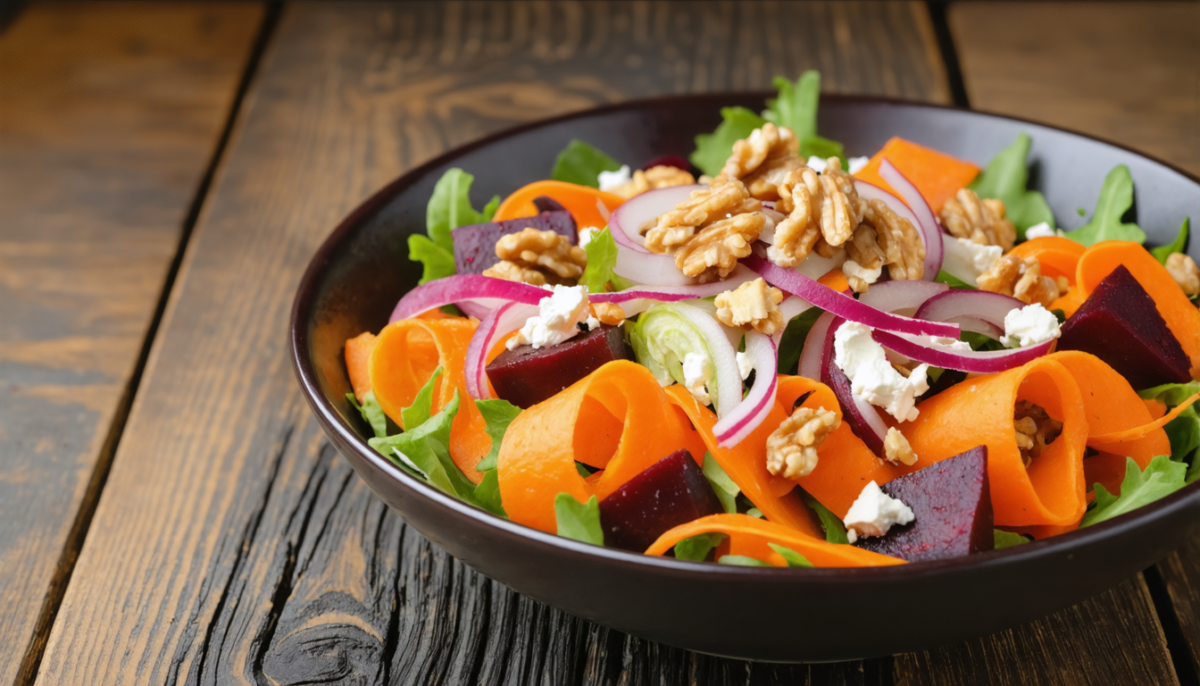 découvrez notre salade colorée délice croquant, mêlant carottes croquantes, betteraves sucrées et fenouil frais, sublimée par un chèvre fondant pour un repas sain et gourmand.