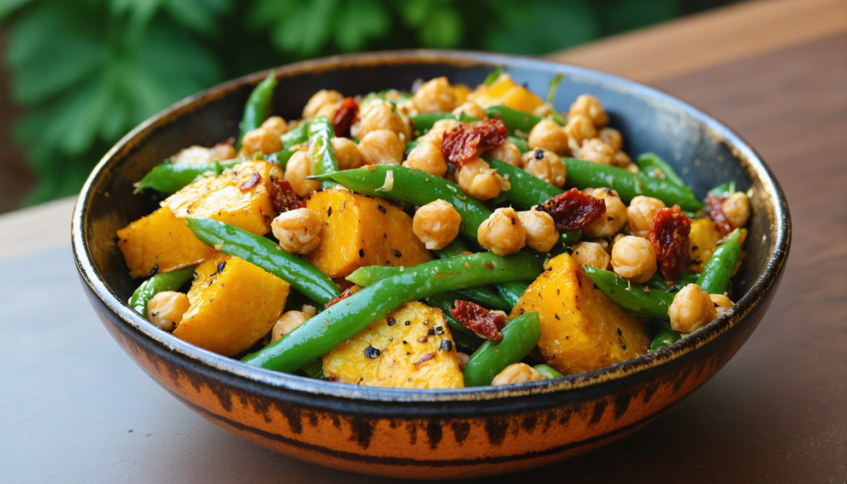 découvrez notre salade tiède savoureuse alliant pois chiches, haricots verts croquants, courge rôtie fondante et tomates séchées pour une explosion de saveurs et une touche gourmande saine.