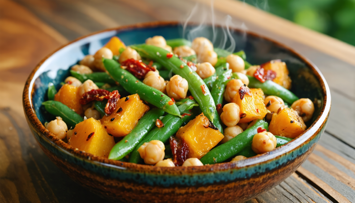 découvrez notre salade tiède de pois chiches et haricots verts, sublimée par la douceur de la courge rôtie et la saveur intense des tomates séchées, pour un repas sain et gourmand.