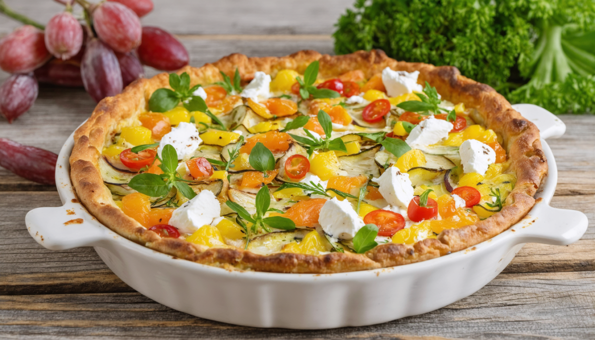 savourez un clafoutis salé aux légumes croquants et au chèvre frais fondant, pour une recette rustique et gourmande parfaite en toute saison.