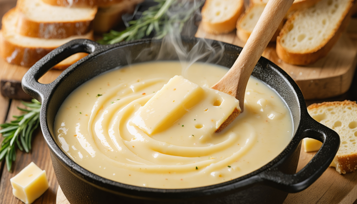 découvrez notre fondue suisse allégée, mariant subtilement le goût riche du gruyère et la douceur du vacherin pour une expérience gourmande et légère.