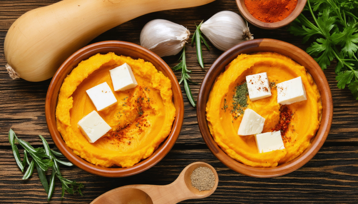 découvrez notre recette maison de purée onctueuse de butternut au fromage frais, délicatement parfumée aux 4 épices. une saveur originale pour un plat savoureux et réconfortant.