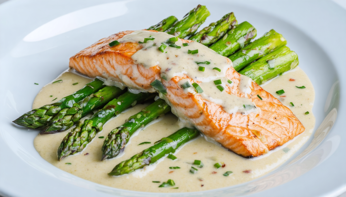 savourez un pavé de saumon tendre accompagné d'asperges vertes croquantes et d'une crème onctueuse à l'ail pour un repas gourmand et raffiné.