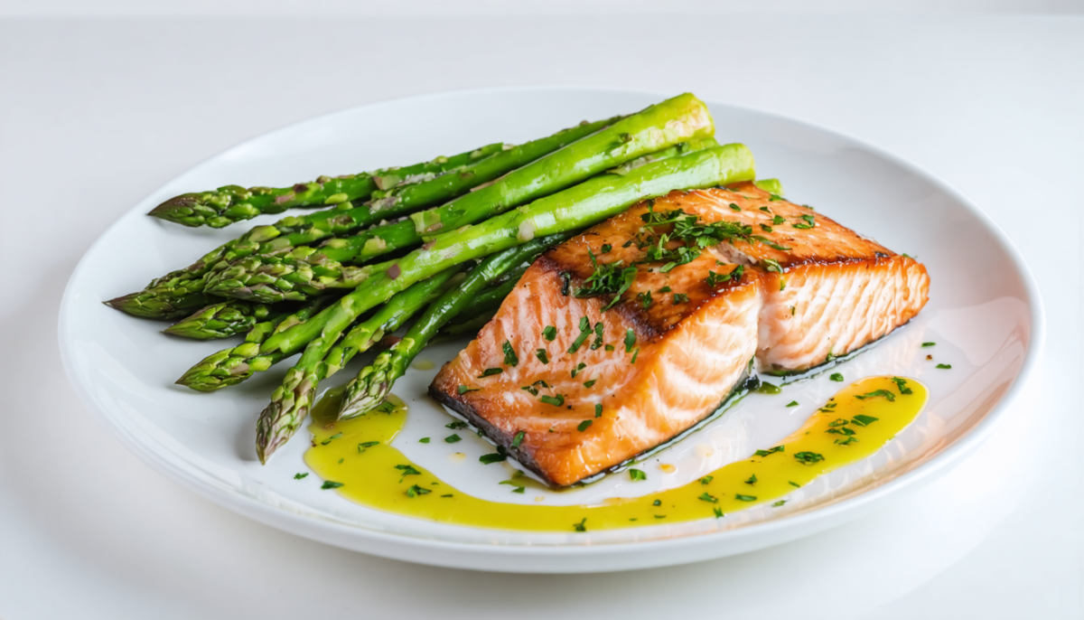 savourez un délicieux pavé de saumon accompagné d'asperges vertes fraîches et d'une crème onctueuse à l'ail, pour un repas gourmand et raffiné.